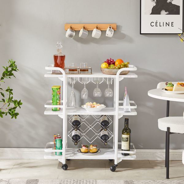 Painted Three-layer Bar Cart, With Wine Rack And Glass Holder, Suitable for Families And Small Gatherings, White