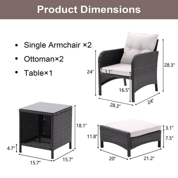 5 Piece Outdoor Patio Furniture Set, All Weather PE Rattan Conversation Chairs with Armrest and Removable Cushions, Ottomans and Storage Coffee Table for Poolside Garden Balcony Deck