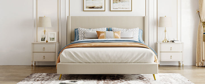 Queen Size Corduroy Platform Bed with Metal Legs