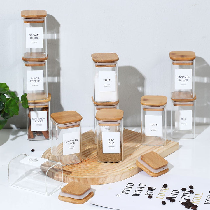 18 PCS Square Seasoning Jar Pepper Seasoning Bottle Pepper Powder Bottle 240ml Bamboo Wood Glass Seasoning Tank Square Spice Bottle