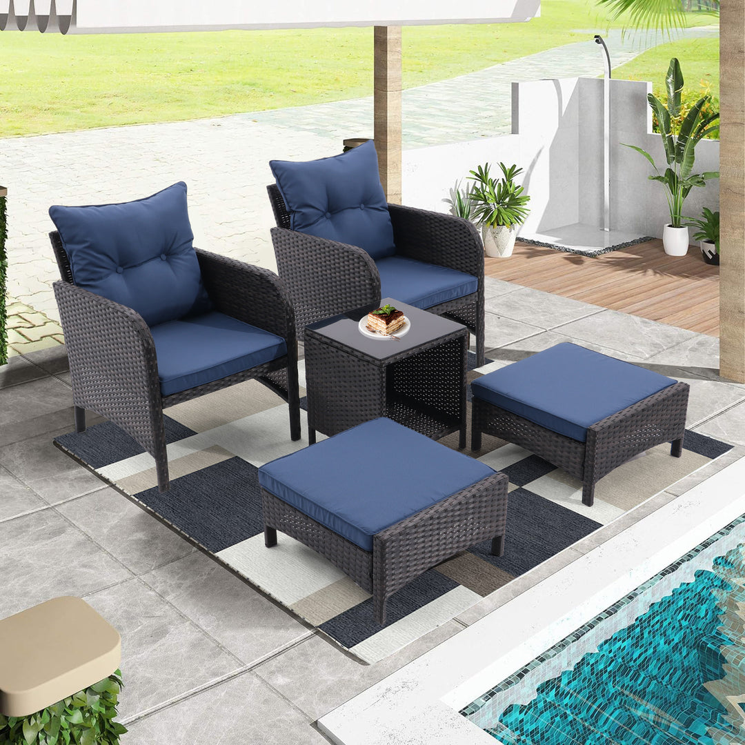 5 Piece Outdoor Patio Furniture Set, All Weather PE Rattan Conversation Chairs with Armrest and Removable Cushions, Ottomans and Storage Coffee Table for Poolside Garden Balcony Deck