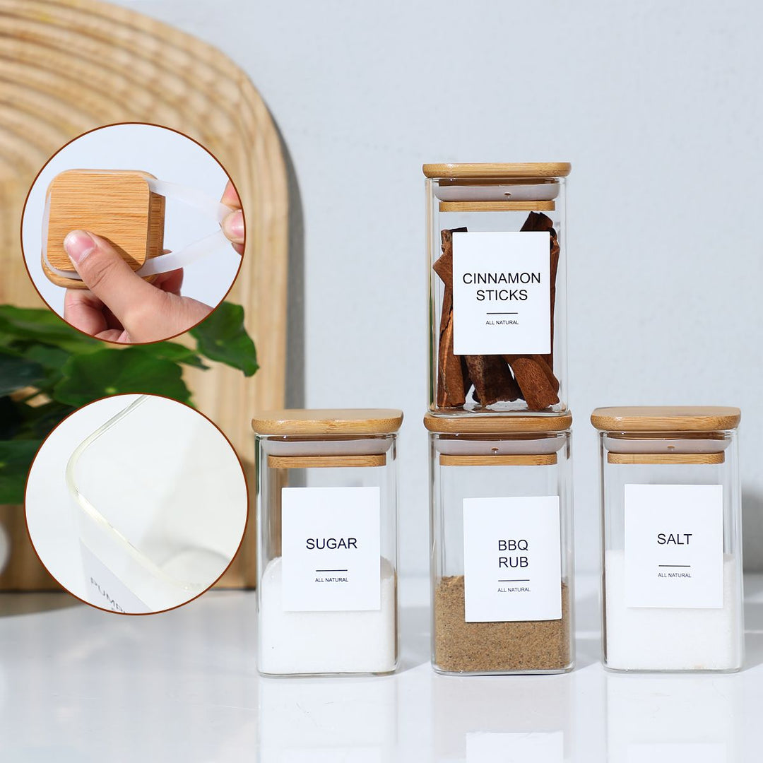 18 PCS Square Seasoning Jar Pepper Seasoning Bottle Pepper Powder Bottle 240ml Bamboo Wood Glass Seasoning Tank Square Spice Bottle