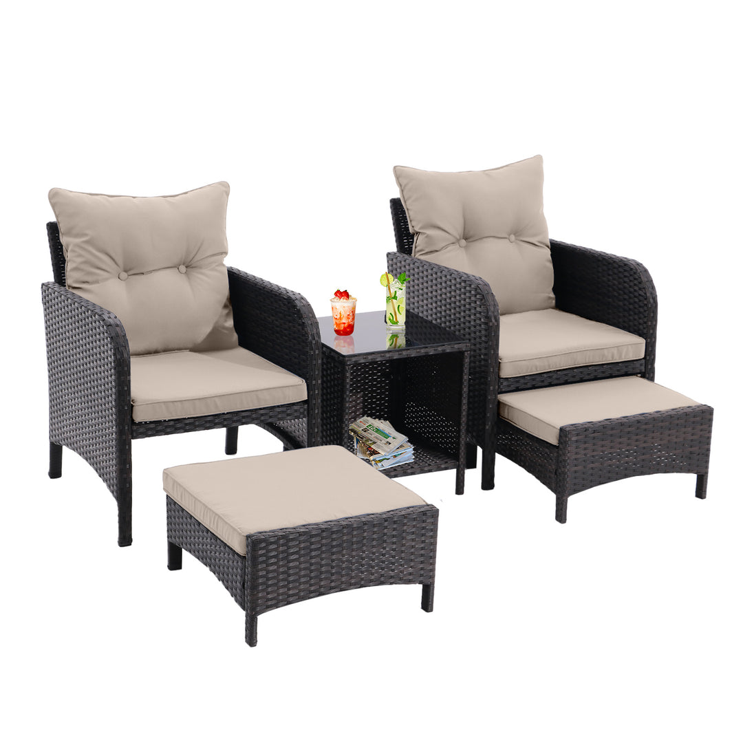 5 Piece Outdoor Patio Furniture Set, All Weather PE Rattan Conversation Chairs with Armrest and Removable Cushions, Ottomans and Storage Coffee Table for Poolside Garden Balcony Deck