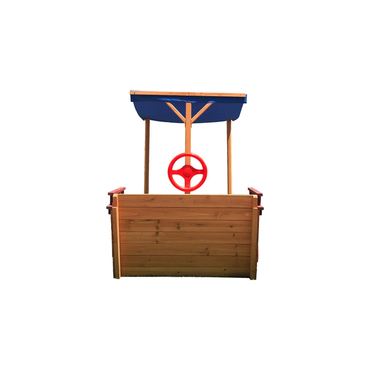 Outsunny Pirate Ship Sandbox with Cover and Rudder,  Wooden Sandbox with Storage Bench and Seat, Outdoor Toy for Kids Ages 3-8 Years Old