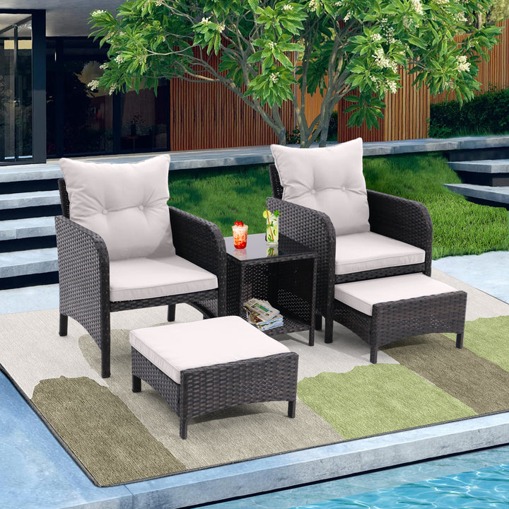 5 Piece Outdoor Patio Furniture Set, All Weather PE Rattan Conversation Chairs with Armrest and Removable Cushions, Ottomans and Storage Coffee Table for Poolside Garden Balcony Deck