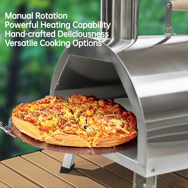 Silver Pizza Oven Outdoor 12" Semi-Automatic Rotatable Pizza Ovens Portable Stainless Steel Wood Fired Pizza Oven Pizza Maker with Built-in Thermometer Pizza Cutter Carry Bag