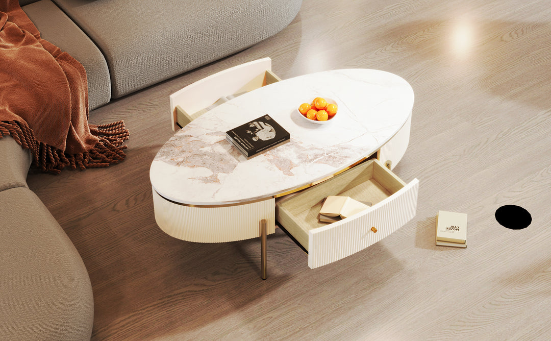 Modern Oval Coffee Table with 2 large Drawers Storage Accent Table