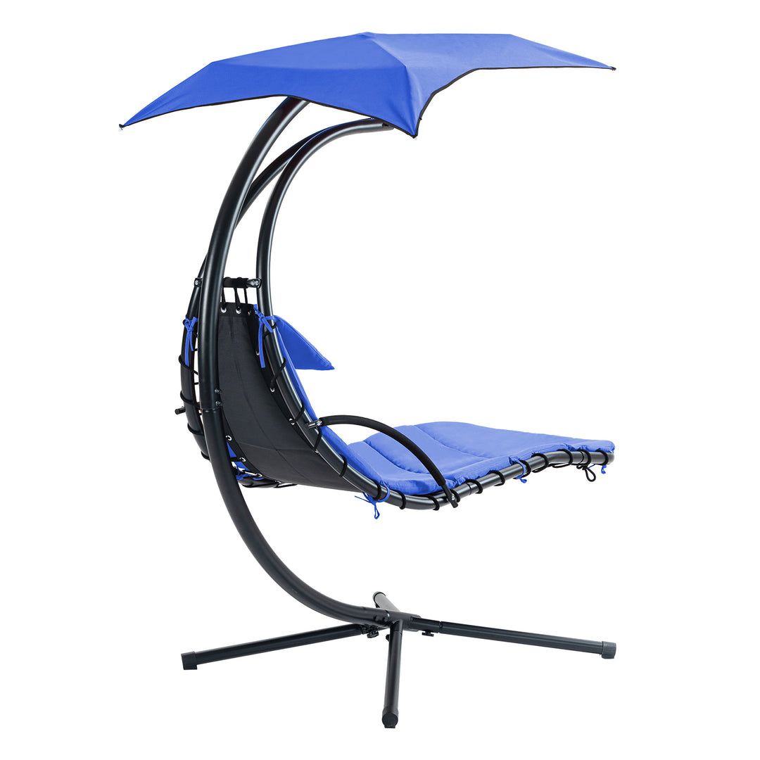 Hanging Chaise Lounger with Removable Canopy, Outdoor Swing Chair with Built-in Pillow, Hanging Curved Chaise Lounge Chair Swing for Patio Porch Poolside, Hammock Chair with Stand