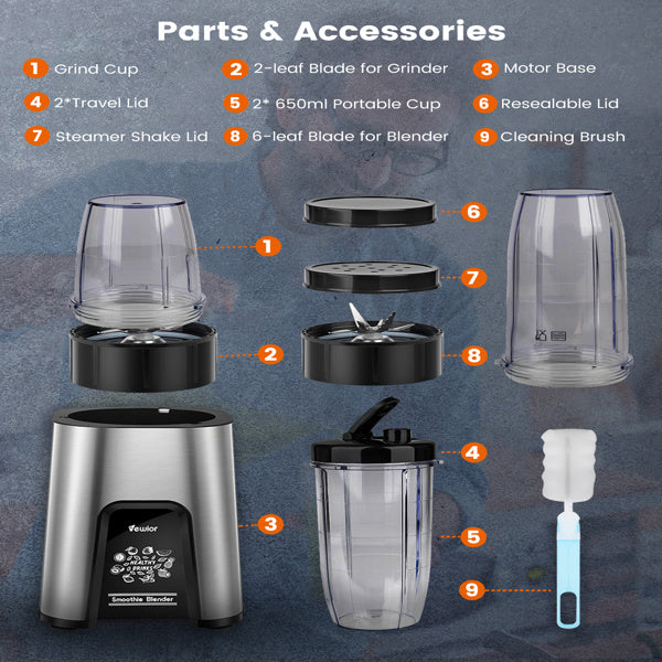 VEWIOR 1000W Smoothie Blender for Shakes and Smoothies; 11 Pieces Personal Blender for Kitchen; 2*23oz+10oz Blender Cups with To-Go Lids