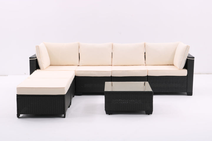 7 Pieces Outdoor Patio Furniture Set,Sectional Conversation Sofa Of Corner Chairs, Ottomans And Glass Top Table,All Weather PE Rattan and Steel Frame With Removable Cushions