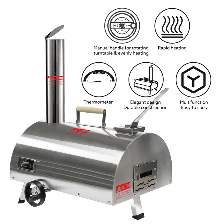 Silver Pizza Oven Outdoor 12" Semi-Automatic Rotatable Pizza Ovens Portable Stainless Steel Wood Fired Pizza Oven Pizza Maker with Built-in Thermometer Pizza Cutter Carry Bag