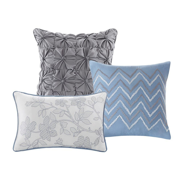 6 Piece Printed Quilt Set with Throw Pillows Blue Full/Queen