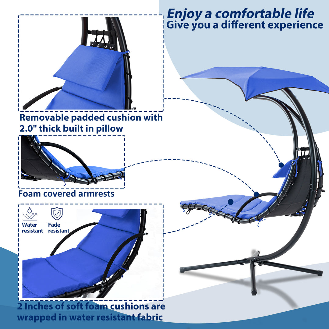 Hanging Chaise Lounger with Removable Canopy, Outdoor Swing Chair with Built-in Pillow, Hanging Curved Chaise Lounge Chair Swing for Patio Porch Poolside, Hammock Chair with Stand