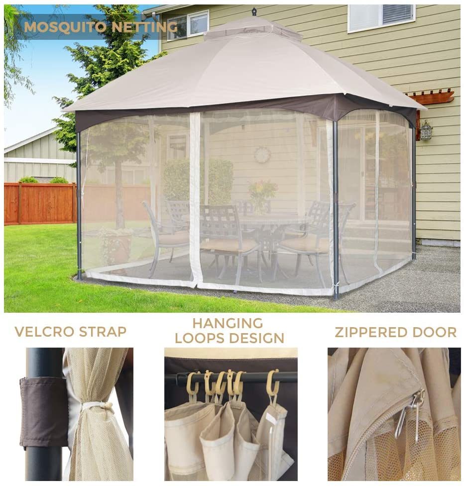 10*12 FT Soft top Metal Gazebo with Mosquito Net&Sunshade Curtains,Sturdy Heavy Duty Double Roof Canopy,Galvanized Steel Design Outdoor Tent