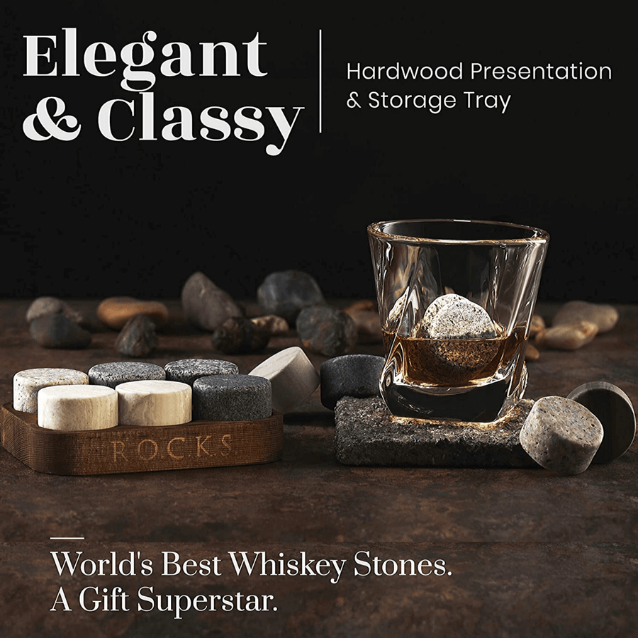 Whiskey Chilling Stones Kentucky Bourbon Barrel Aged Coffee Gift set 6 handcrafted premium granite round rocks-hardwood storage tray a gourmet tasting discovery for whiskey