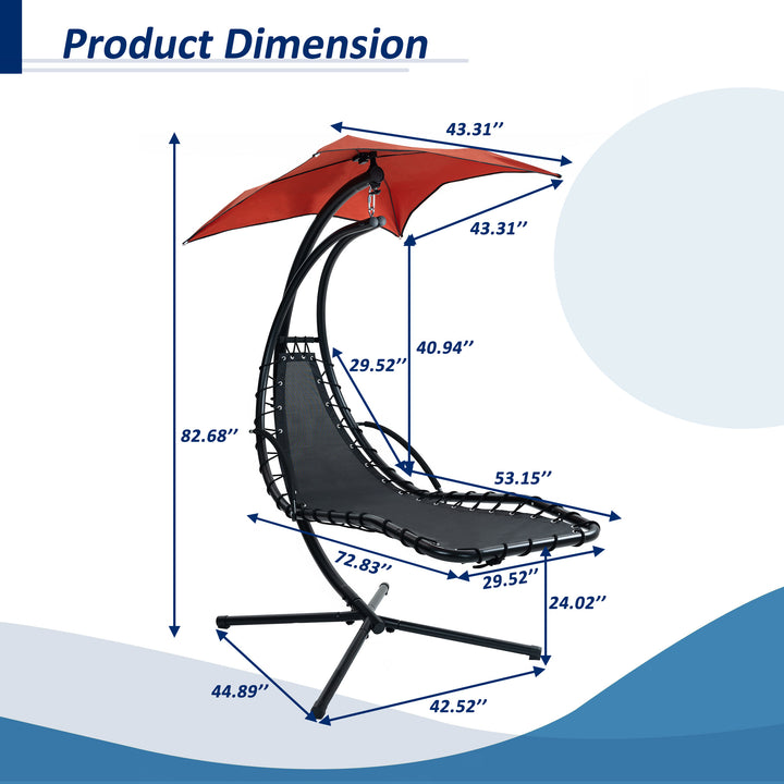 Hanging Chaise Lounger with Removable Canopy, Outdoor Swing Chair with Built-in Pillow, Hanging Curved Chaise Lounge Chair Swing for Patio Porch Poolside, Hammock Chair with Stand