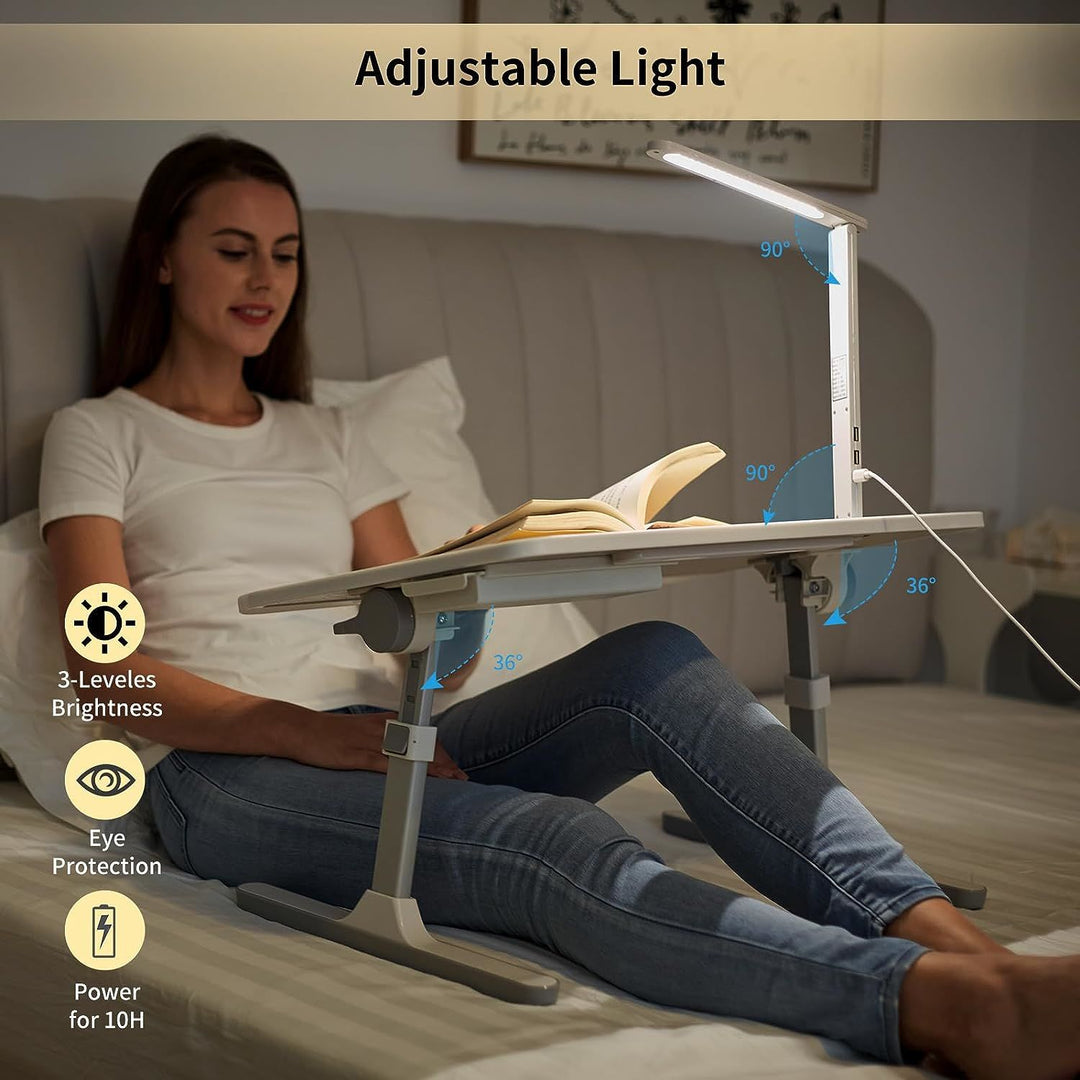 Lap Desk for Laptop, Portable Bed Table Desk, Laptop Desk with LED Light and Drawer,  Adjustable Laptop Stand for Bed/Sofa/Study/Reading-White