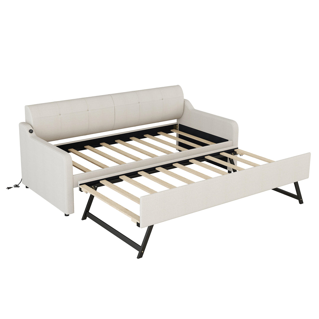 Twin Size Upholstery DayBed with Trundle and USB Charging Design