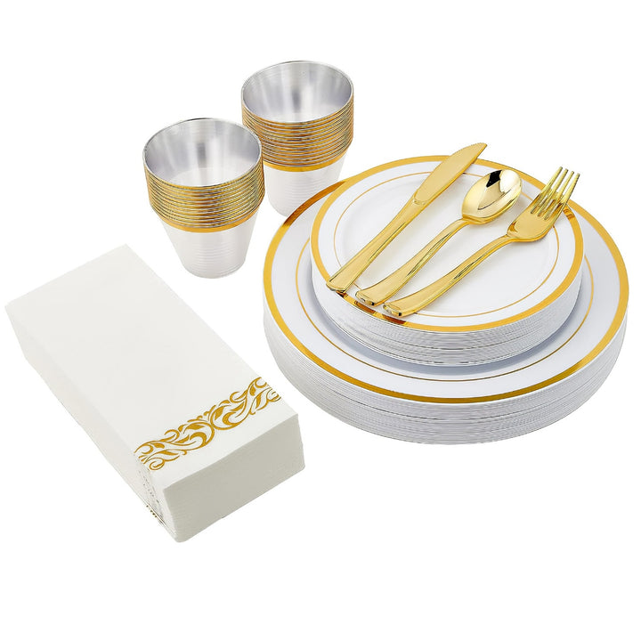 175Pcs Disposable Gold Dinnerware Set Gold Rim Plastic Plates Cups Fork Spoon Knife Paper Napkins for Party Wedding Graduation