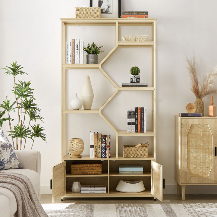 Rattan Bookshelf 5 Tiers Bookcases Storage Rack with Cabinet