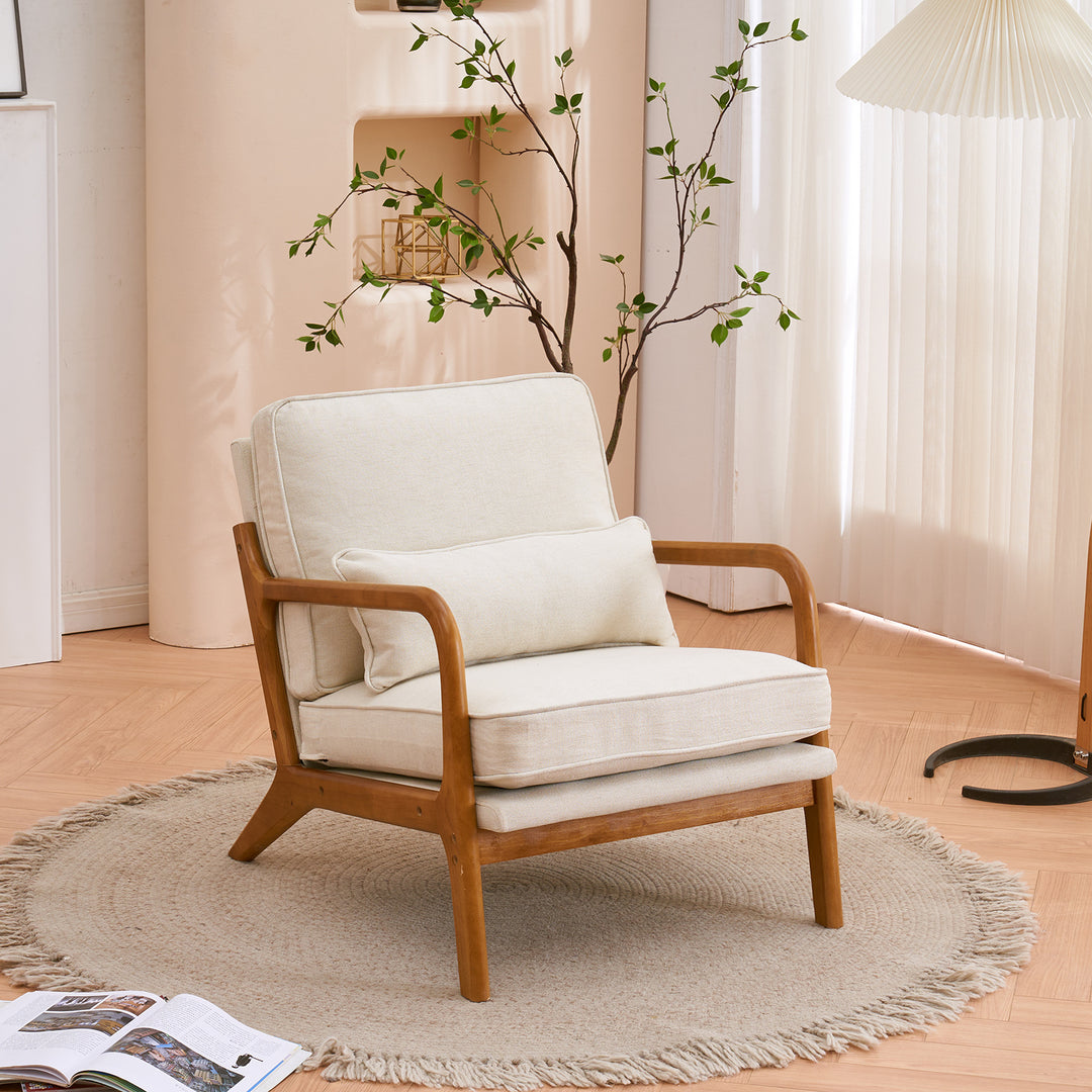 Oak Armrest Oak Upholstered Single Accent Chair Off-White