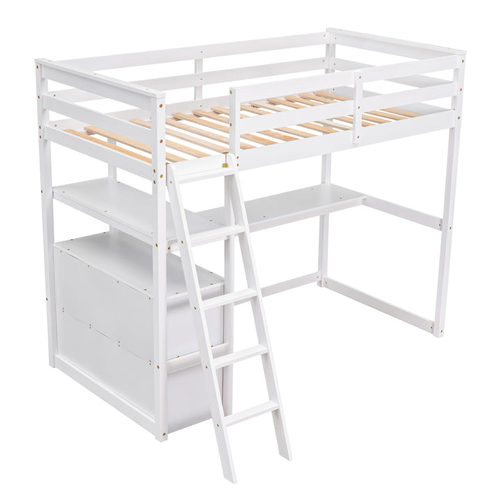 Twin Size Loft Bed with Desk and Shelves,  Two Built-in Drawers