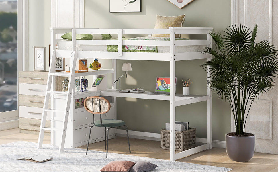 Twin Size Loft Bed with Desk and Shelves, Two Built-in Drawers