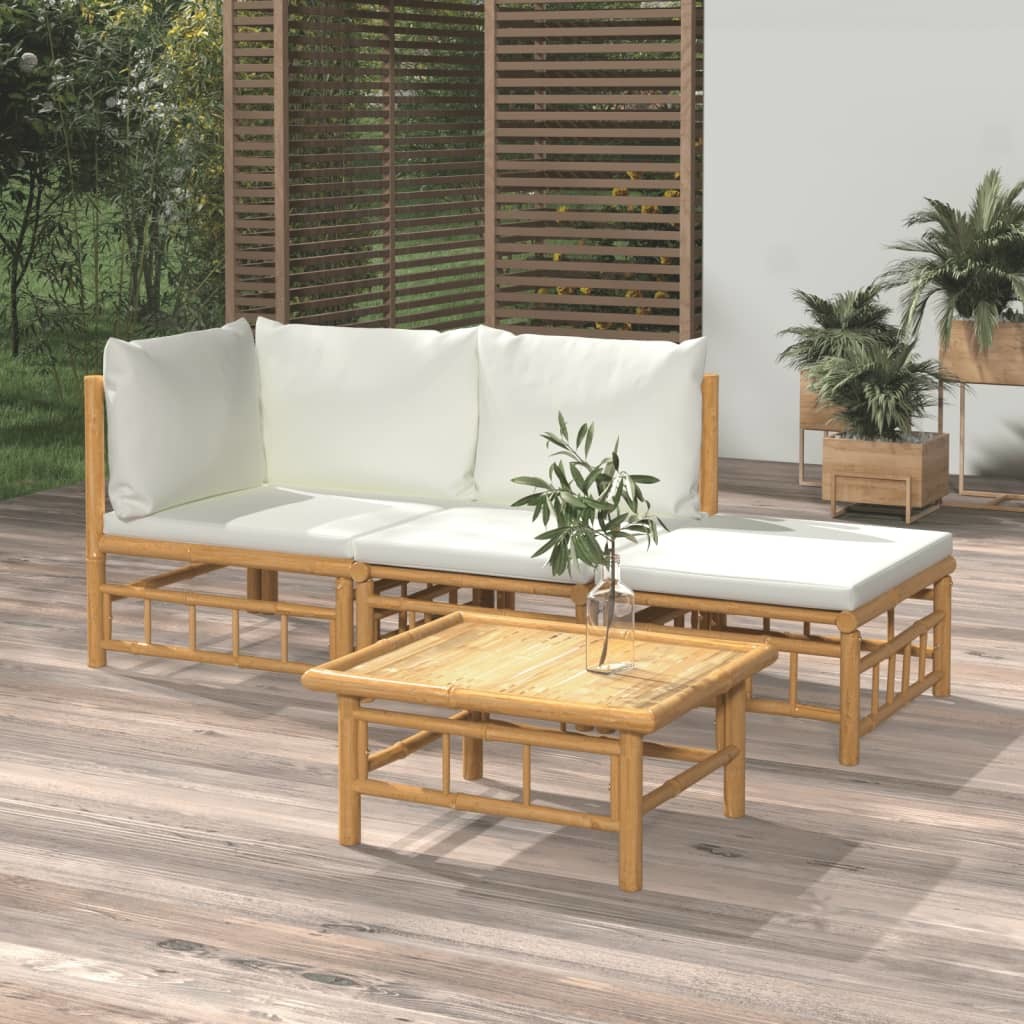 4 Piece Patio Lounge Set with White Cushions Bamboo