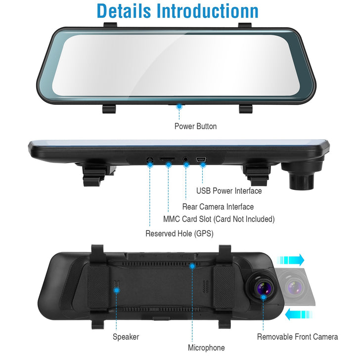 FHD 1080P Car DVR Dash Camera 9.66In Vehicle Driving Recorder with G Sensor Parking Monitoring Seamless Recording