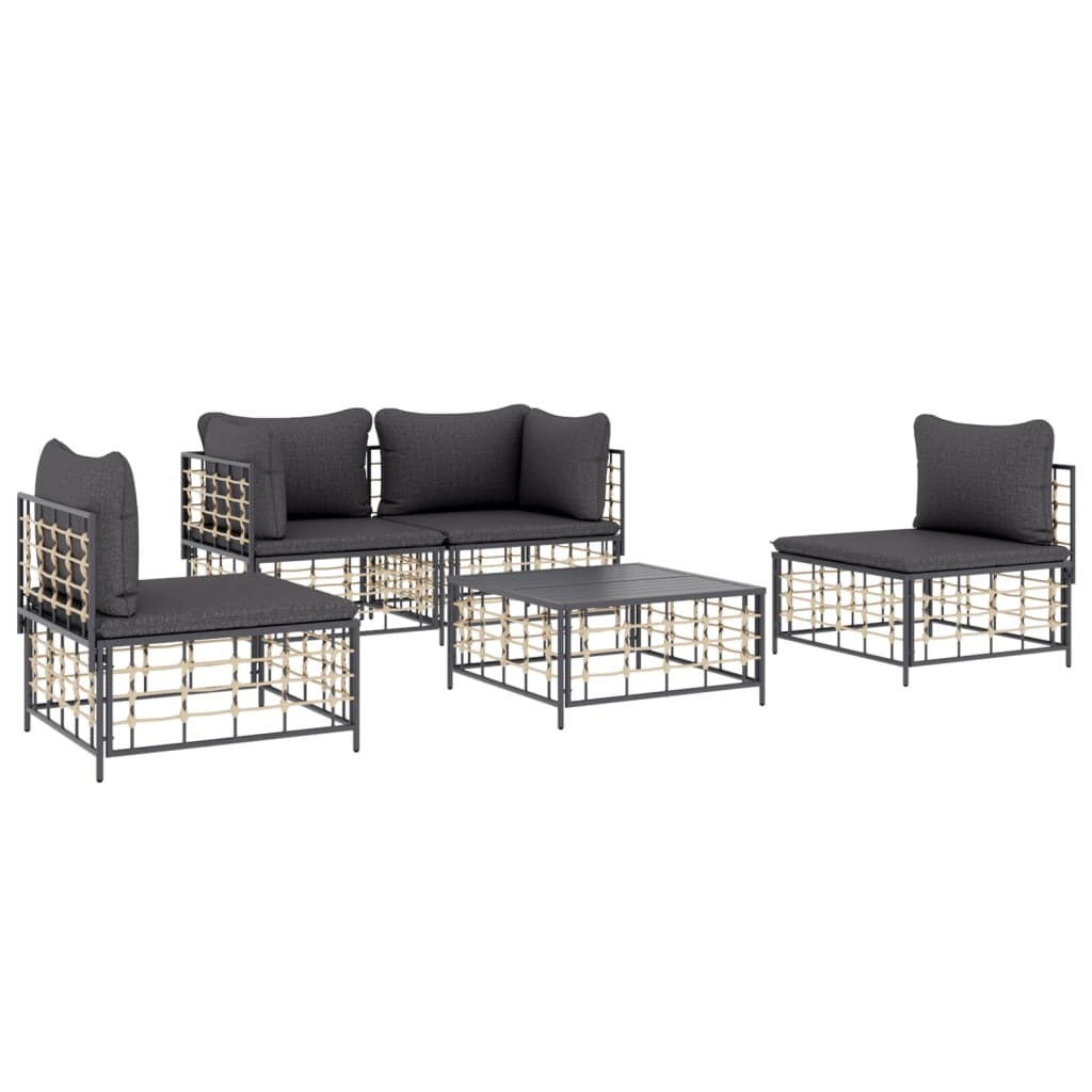 5 Piece Patio Lounge Set with Cushions Anthracite Poly Rattan