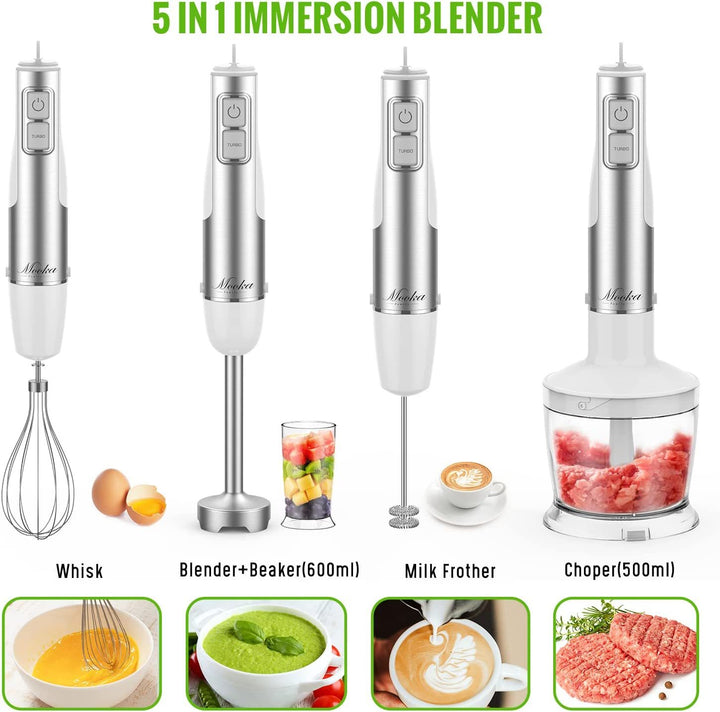 Hand Blender, 5 in 1 Multi-Purpose Immersion Blender set, 1100 watts 12 Adjustable Speed Stick Blender, 600ml Beaker, 500ml Food Processor Container, Egg Whisk, Milk Frother, White