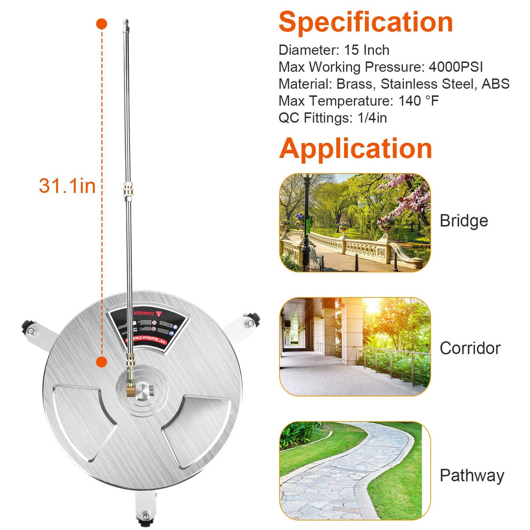 15in High Pressure Washer Flat Surface Cleaner 4000PSI Stainless Steel Disc Power Washer Broom with 3 Wheels 2 Washer Extension Wands 2 Replacement Nozzles