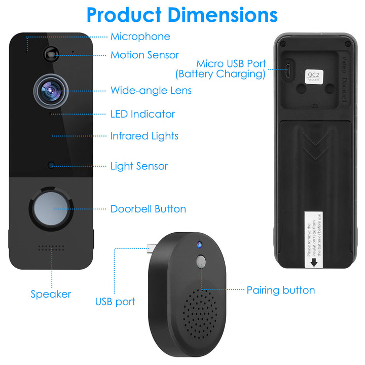Wireless Smart WiFi Video Doorbell Security Phone Door Ring Intercom Camera Two Way Audio Night Vision 720P Motion Detection Battery Operated