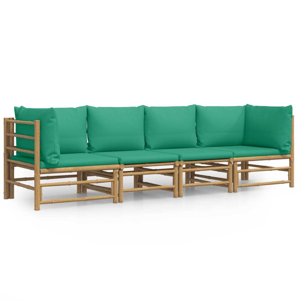 4 Piece Patio Lounge Set with Green Cushions Bamboo