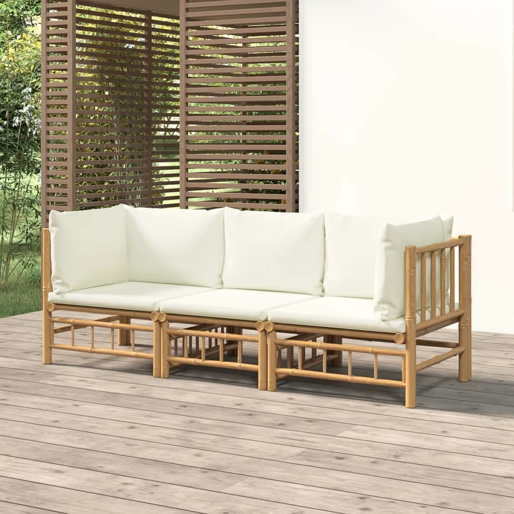 3 Piece Patio Lounge Set with Cream White Cushions Bamboo