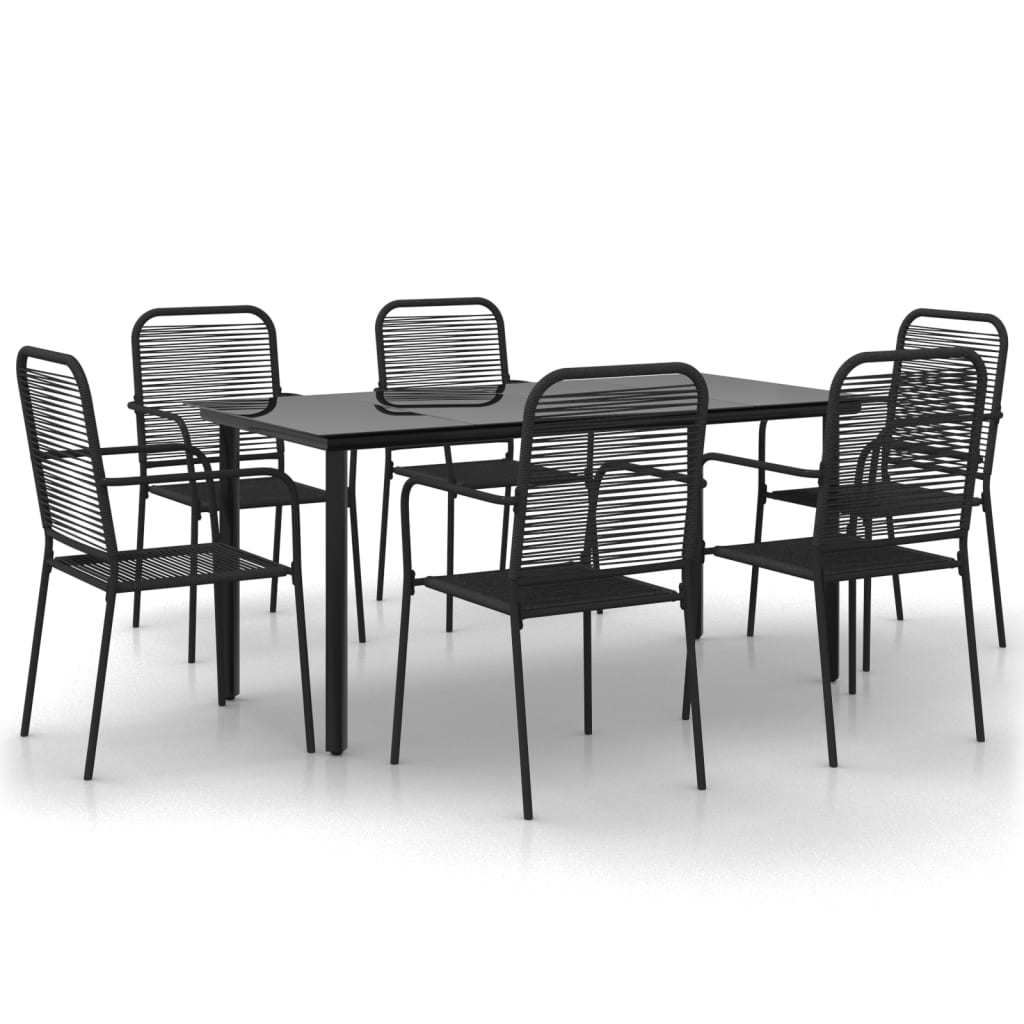 7 Piece Patio Dining Set Black Cotton Rope and Steel