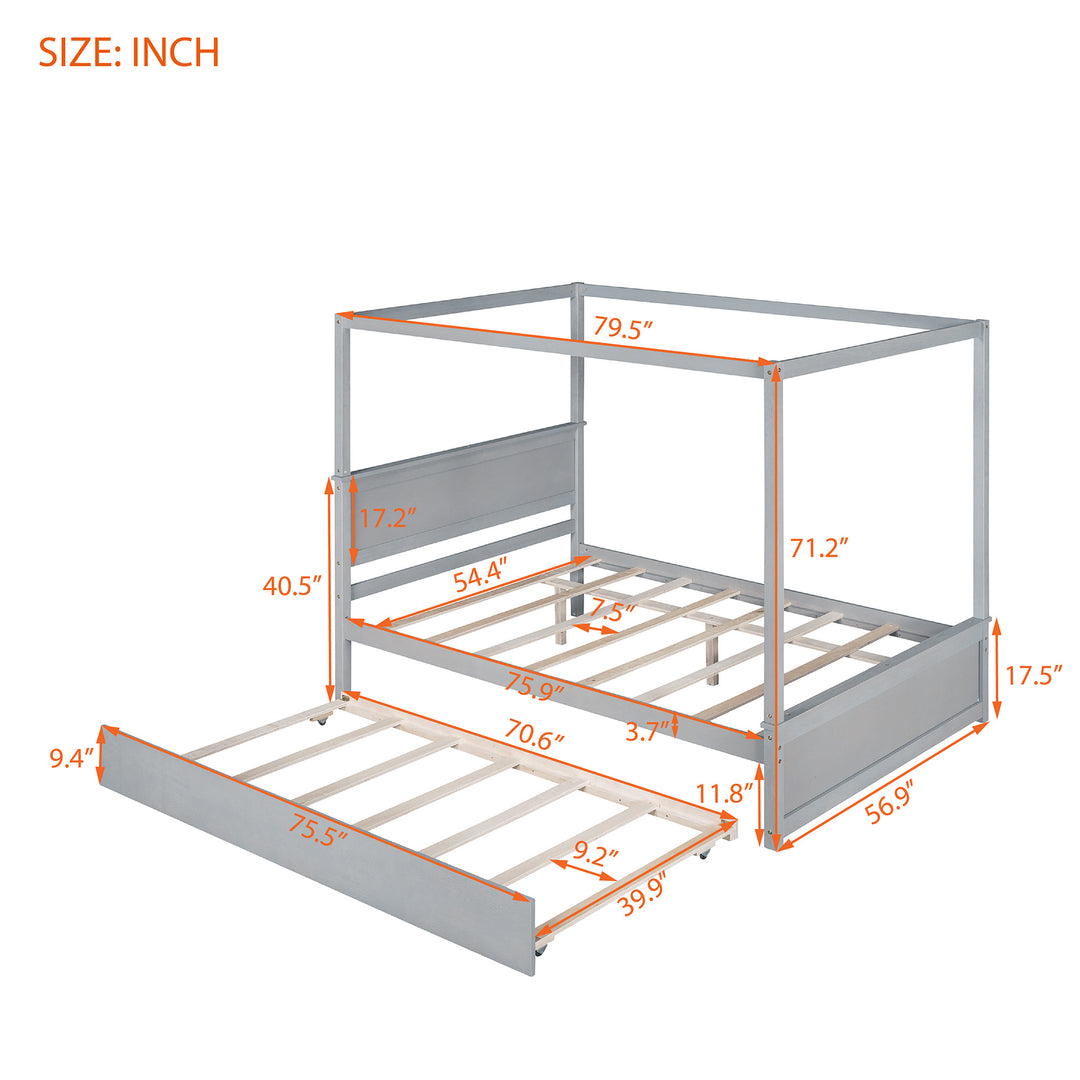 Wood Canopy Bed with Trundle Bed Full Size Canopy Platform bed With Support Slats No Box Spring Needed