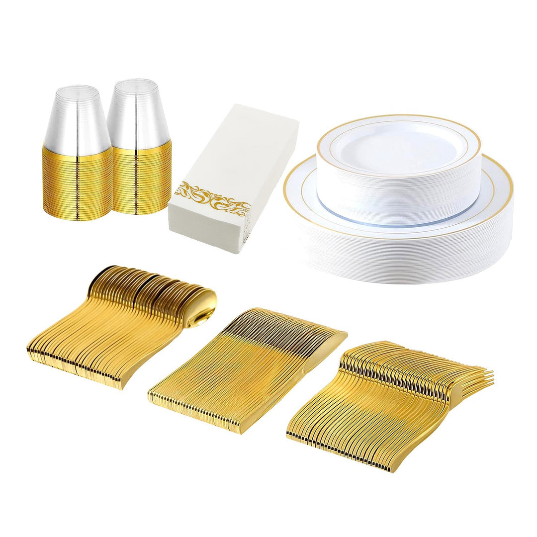 175Pcs Disposable Gold Dinnerware Set Gold Rim Plastic Plates Cups Fork Spoon Knife Paper Napkins for Party Wedding Graduation