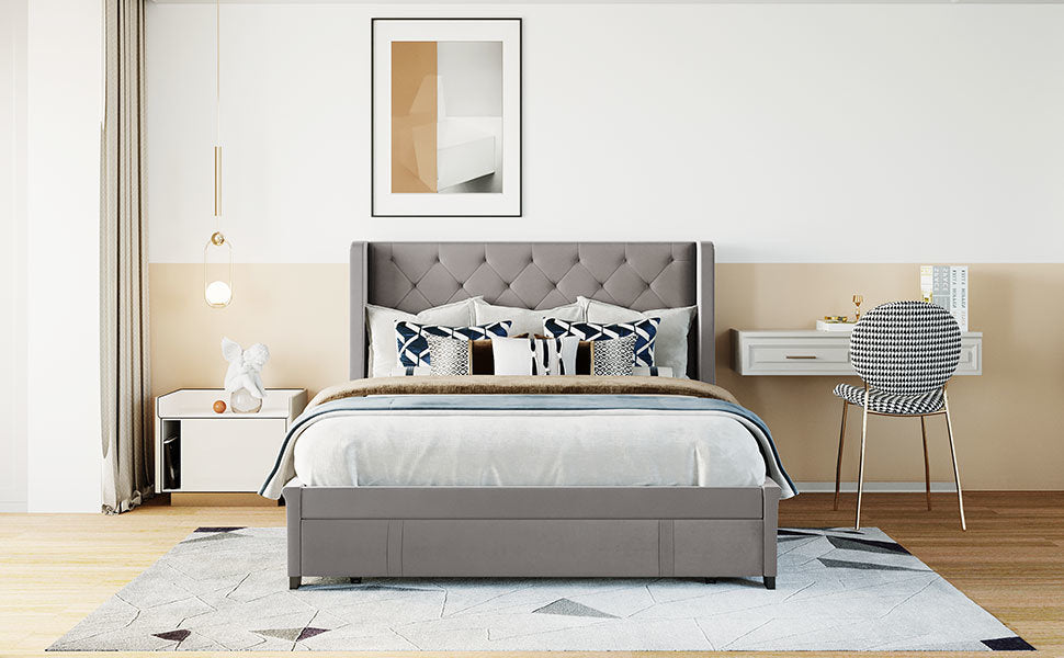 Queen Size Storage Bed Velvet Upholstered Platform Bed with Wingback Headboard and a Big Drawer