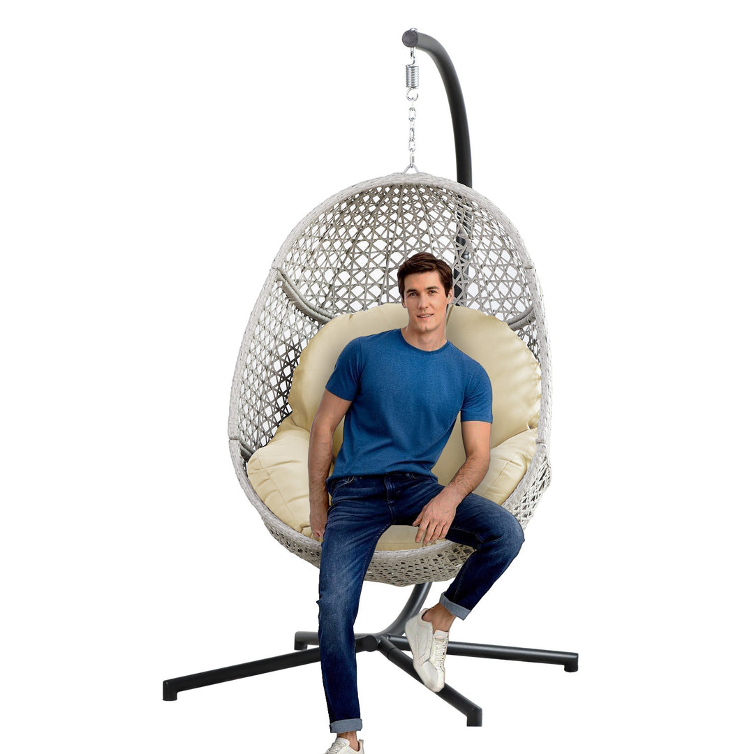 Large Hanging Egg Chair with Stand and UV Resistant Cushion Hammock Chairs with C-Stand for Outdoor Indoor Space