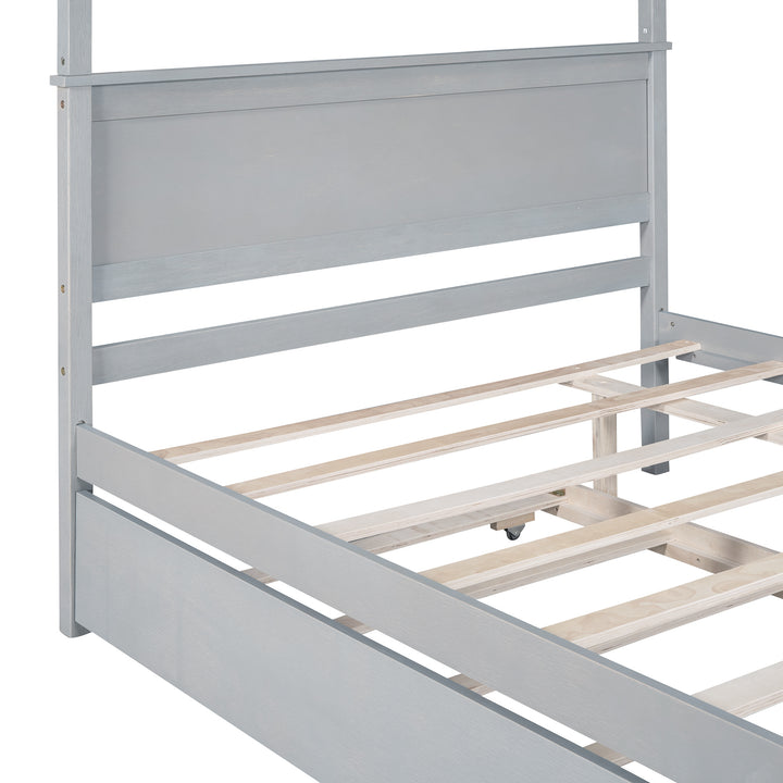 Wood Canopy Bed with Trundle Bed Full Size Canopy Platform bed With Support Slats No Box Spring Needed