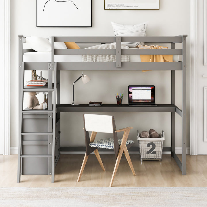 Twin Size Loft Bed with Desk and Shelves,  Two Built-in Drawers