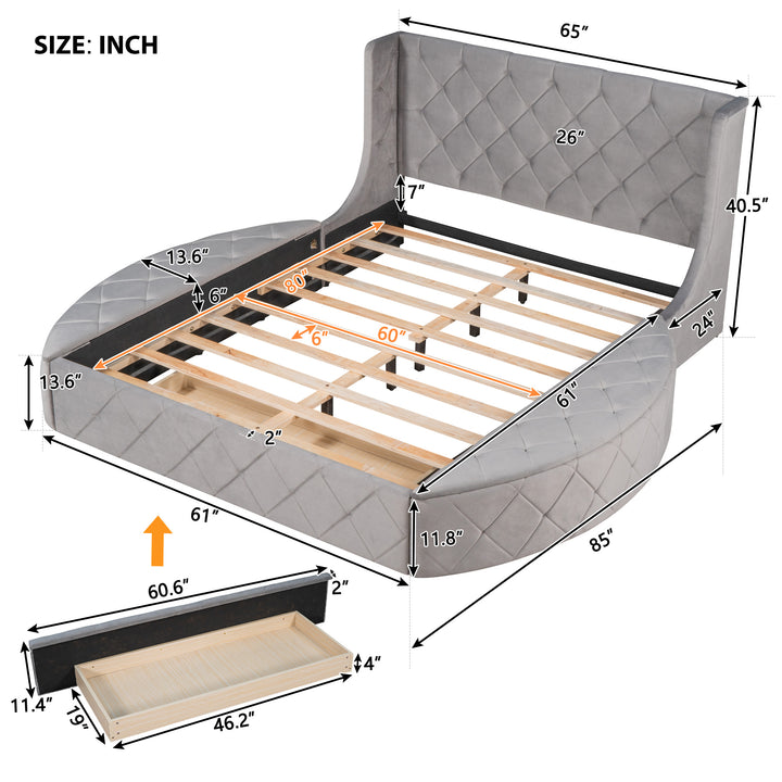 Upholstered Platform Bed Queen Size Storage Velvet Bed with Wingback Headboard and 1 Big Drawer 2 Side Storage Stool