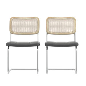 Leather Dining Chair with High-Density Sponge,  Rattan Chair Set of 2