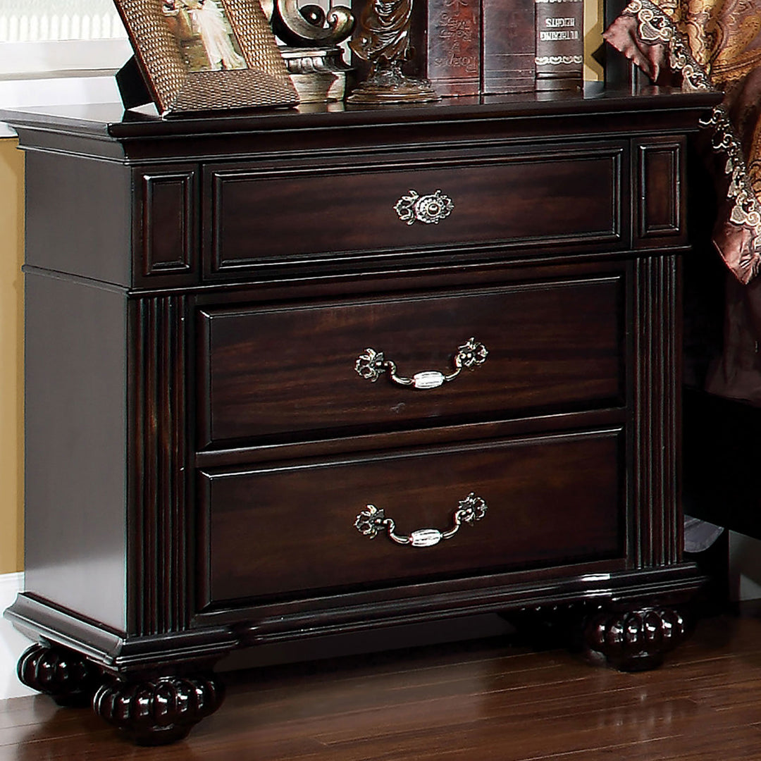 1pc Nightstand Only Traditional Dark Walnut Solid wood 3-Drawers Ball Bearing Metal Glides Antique Brass Handles with Acrylic Accent Bedroom Furniture