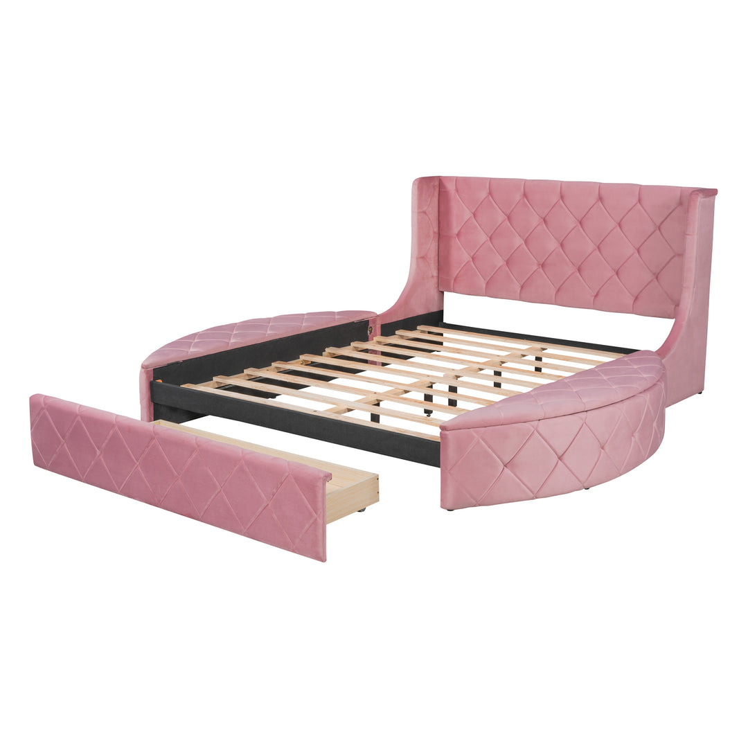 Upholstered Platform Bed Queen Size Storage Velvet Bed with Wingback Headboard and 1 Big Drawer 2 Side Storage Stool