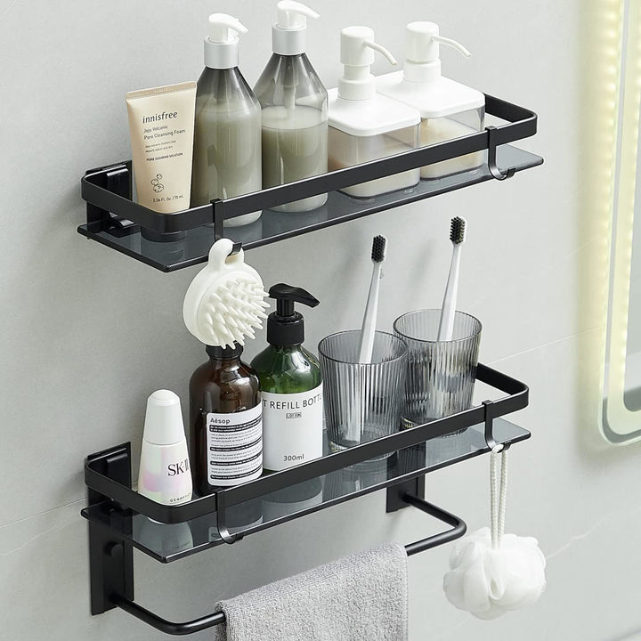 Glass Shelf for Bathroom 15.7 in Bathroom Shelves with Towel Bar Tempered Glass Shelves with 4 Removable Hooks for Wall(2 Tier)