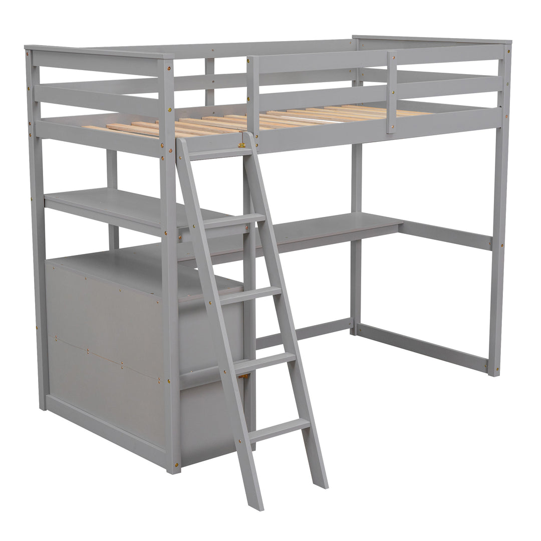 Twin Size Loft Bed with Desk and Shelves,  Two Built-in Drawers