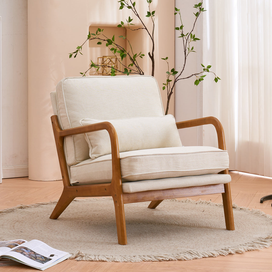 Oak Armrest Oak Upholstered Single Accent Chair Off-White