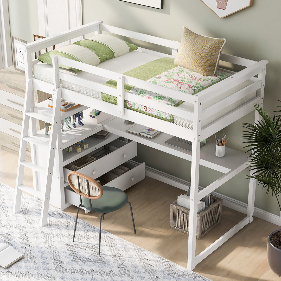 Twin Size Loft Bed with Desk and Shelves,  Two Built-in Drawers